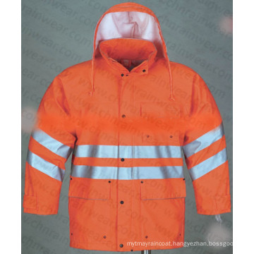 Orange Color Durable Waterproof PU Rain Jacket with Reflective Strip